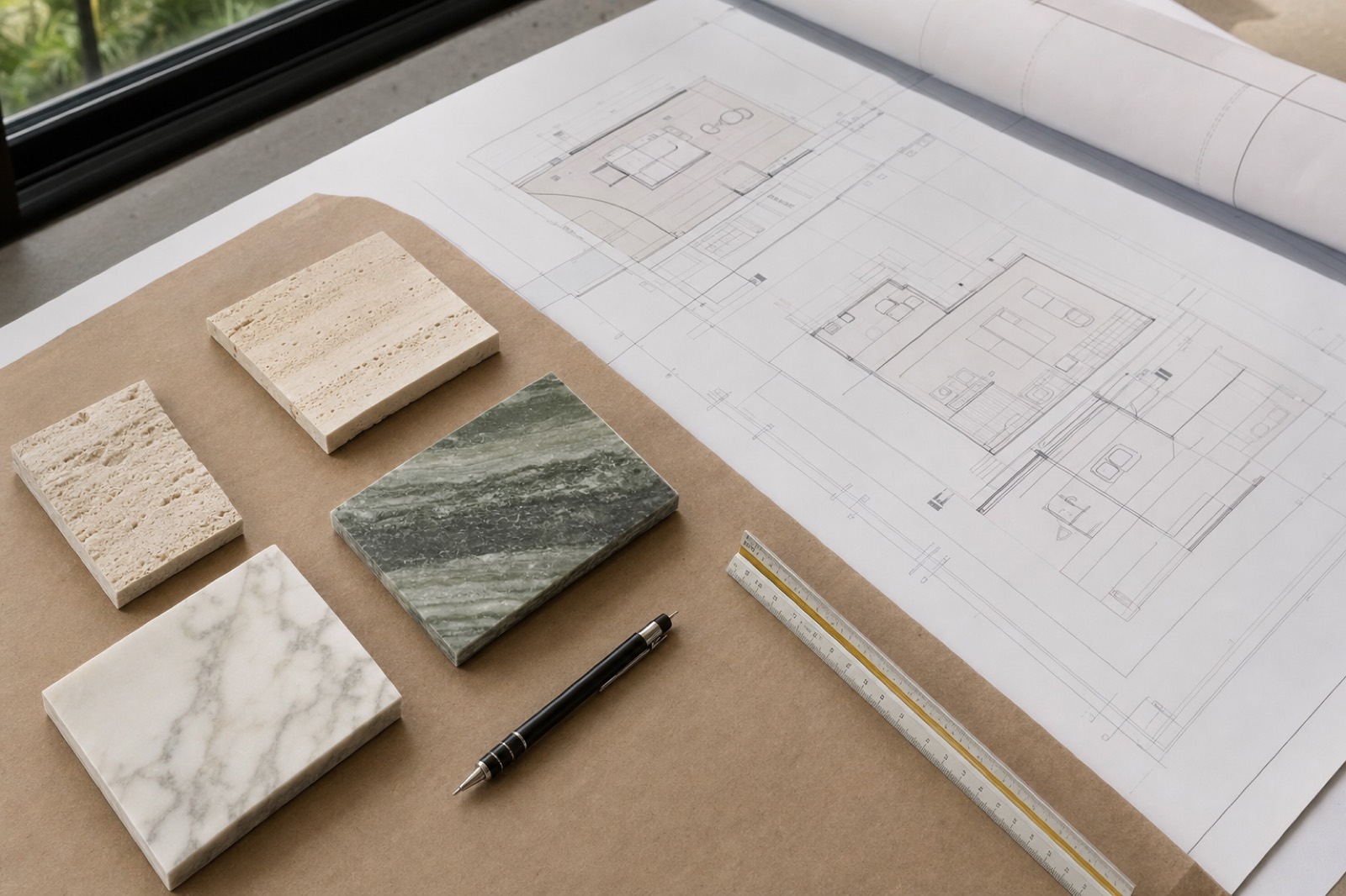 Amostras de travertino, quartzito verde e mármore sobre a mesa de um projeto de arquitetura (imagem ilustrativa)
